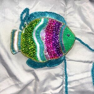Vintage Sequin Fish Shoulder Crossbody Purse Beaded Green ,Turquoise &  Pink New